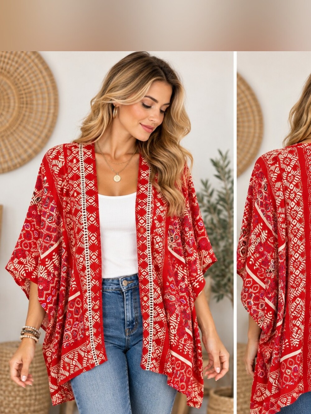Angie Kimono Bed Jacket S Red White Boho Print Open Front NWT